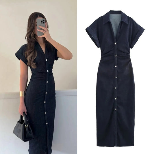 ETJ 2025 Spring New 1975 series denim MIDI dress with lapel side zipper